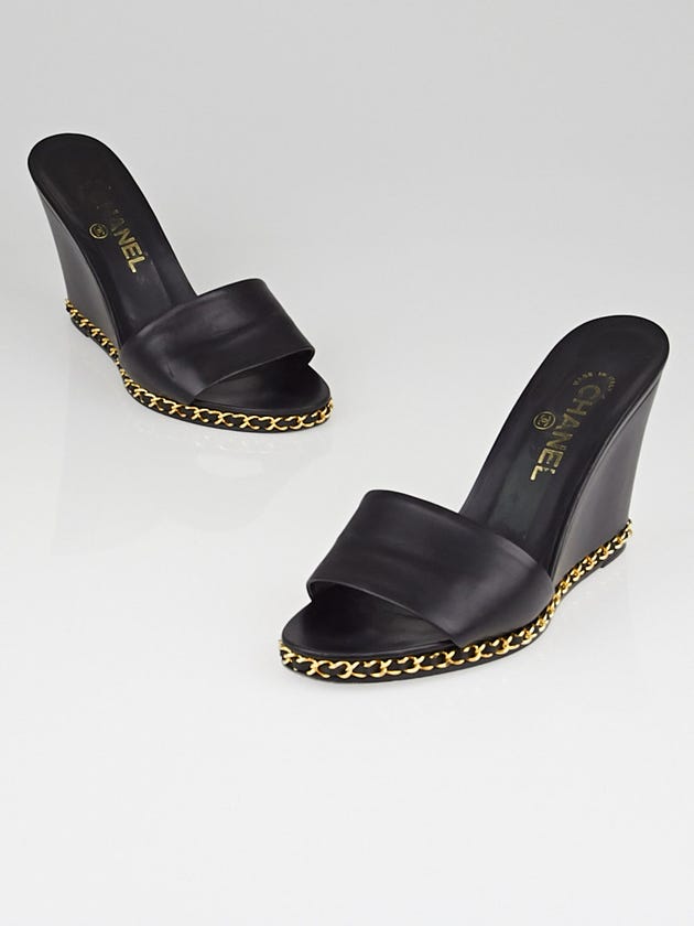 Chanel Black Leather Chain Slide Wedges Size 9/39.5