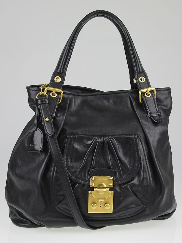 Miu Miu Black Leather Lux Metal Shopping Tote Bag RR1369