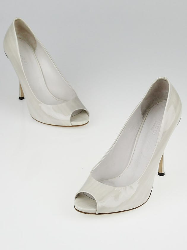 Gucci Light Gravel Patent Leather Peep-Toe Pumps Size 6.5/37