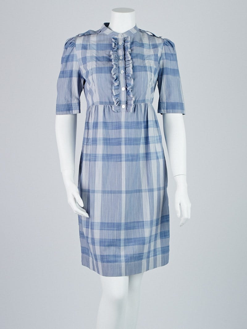 Burberry Brit Blue Plaid Cotton Ruffle Shirt Dress Size 6 | Yoogi's Closet
