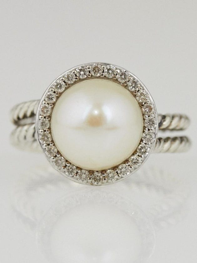 David Yurman White Pearl and Diamonds Cable Ring Size 6.5