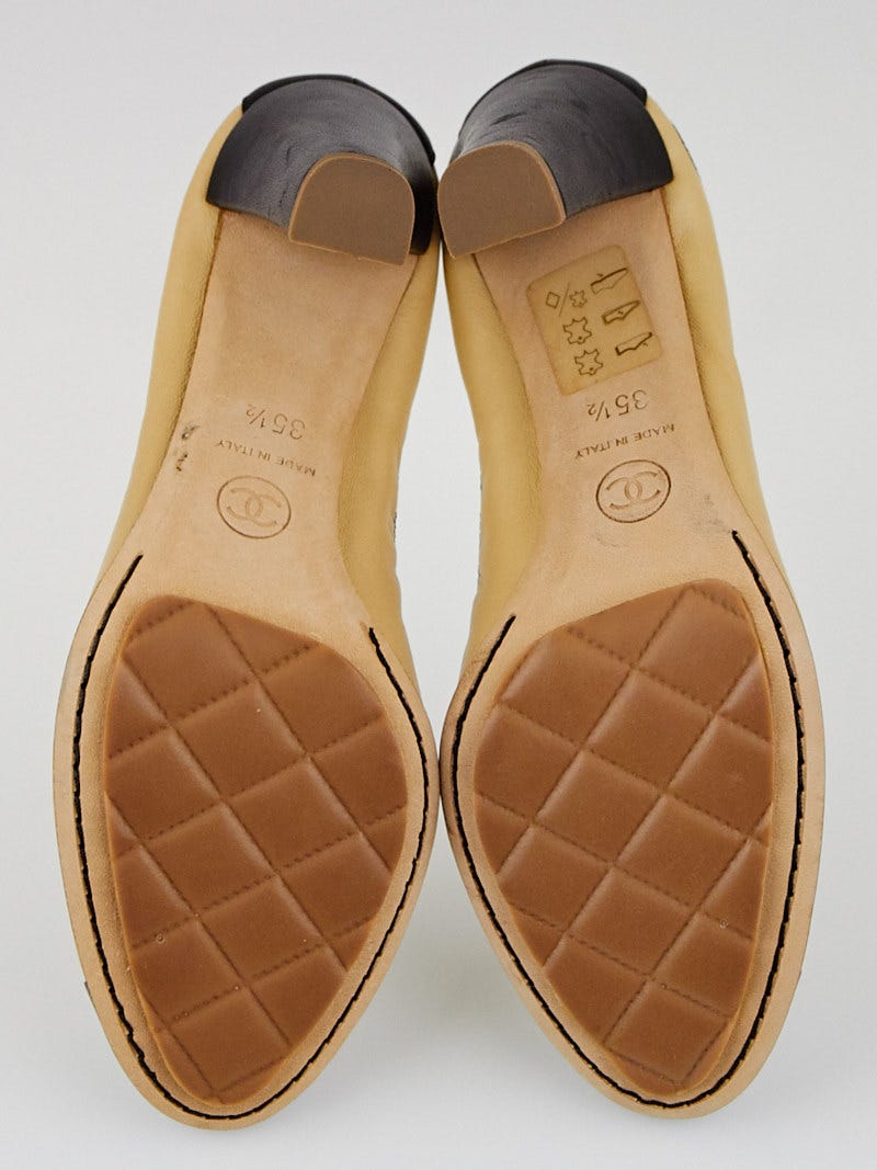 Chanel Beige/Black Leather Elastic Ballet Pumps Size 5/35.5