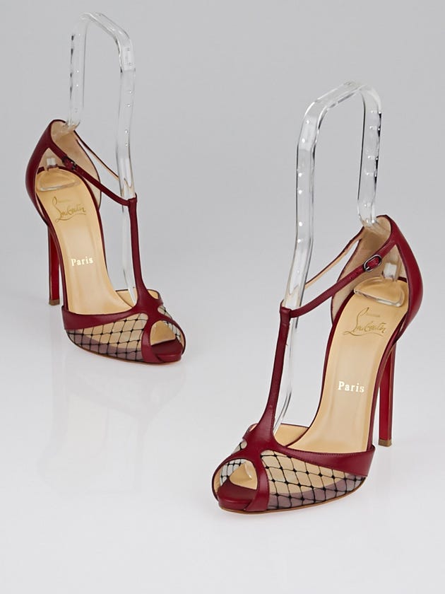 Christian Louboutin Red Leather and Fishnet Lagoula T-Strap Pumps Size 7.5/38