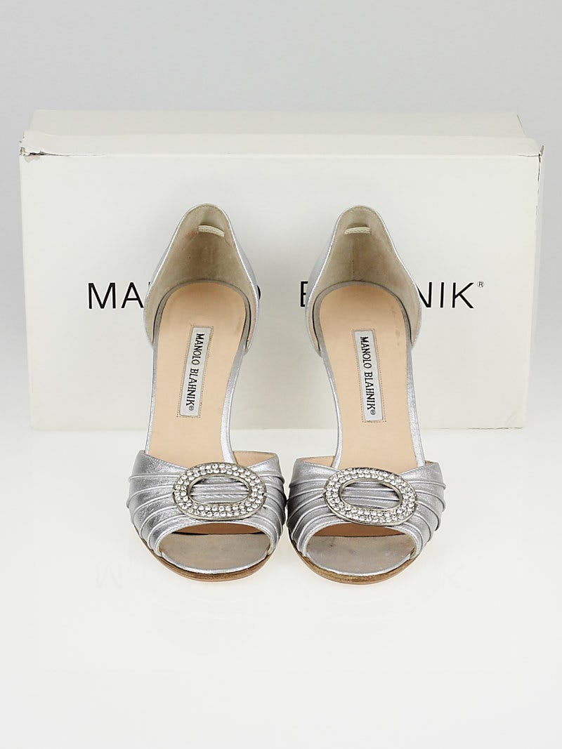 Manolo Blahnik Silver Nappa Leather Sedaraby Crystal d'Orsary Peep