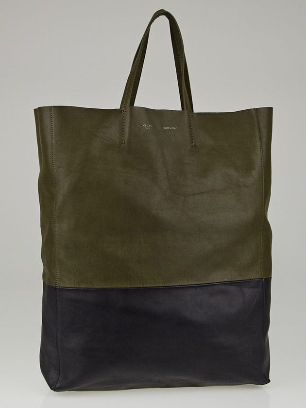 Celine Army Green / Black Lambskin Leather Vertical Bi-Cabas Tote Bag