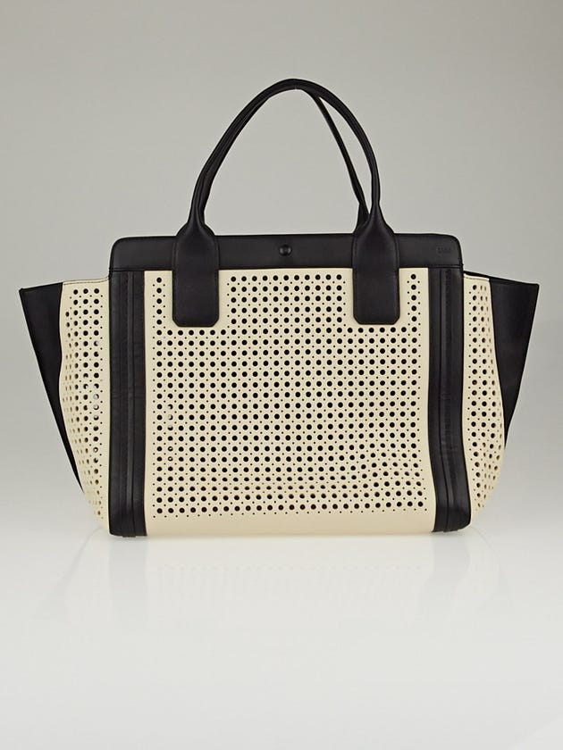 Chloe White/Black Perforated Leather Small Alison East/West Tote Bag