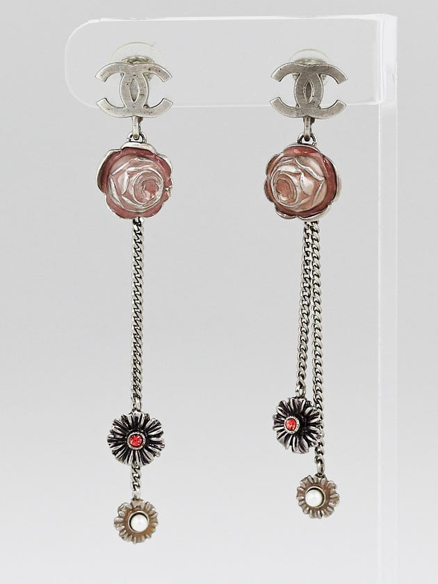Chanel Silvertone Metal Camellia CC Drop Clip-On Earrings