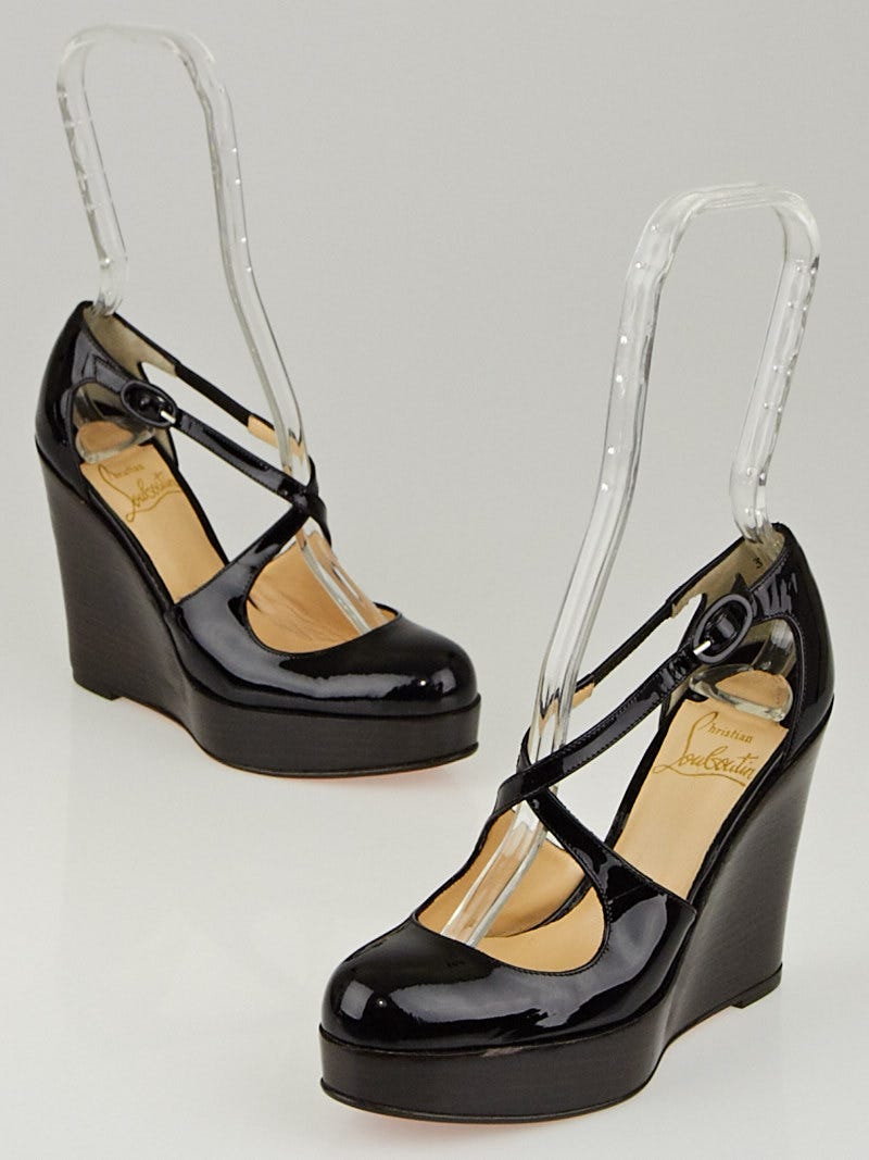 Christian Louboutin Black Patent Leather Criss-Cross Platform Wedges Size 4.5/35