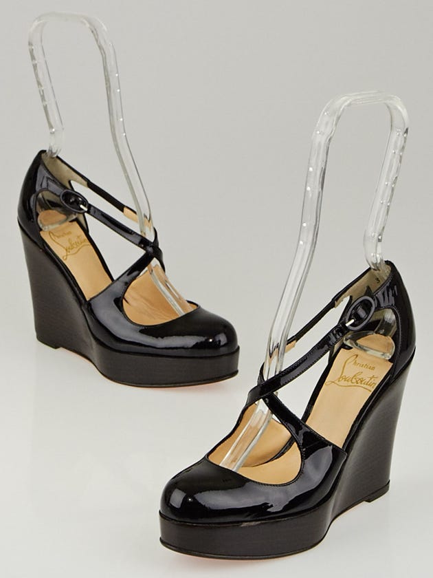 Christian Louboutin Black Patent Leather Criss-Cross Platform Wedges Size 4.5/35