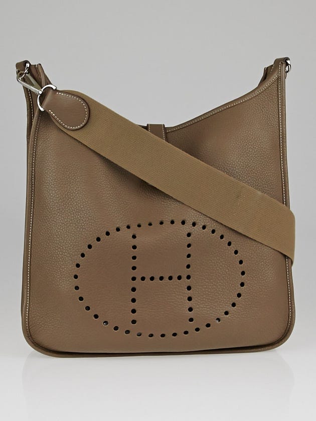 Hermes Etoupe Clemence Leather Evelyne III GM Bag