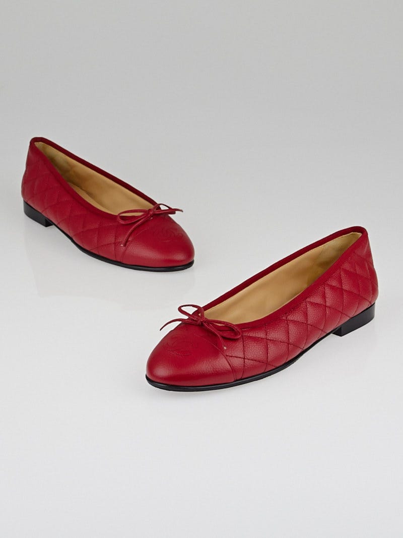 Chanel Red Quilted Caviar Leather CC Cap Toe Ballet Flats Size 7/ -  Yoogi's Closet