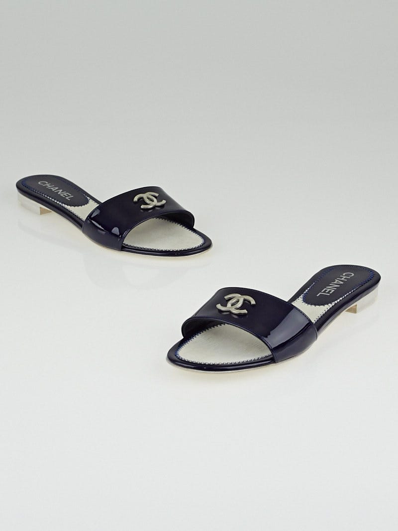 Chanel Blue Patent Leather Slide Mules Size 6/36.5 - Yoogi's Closet