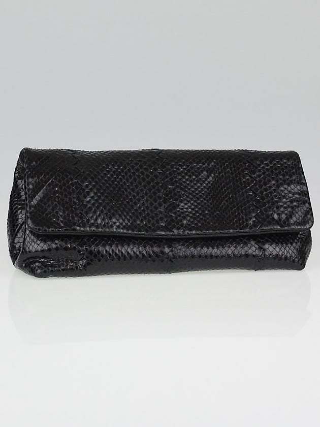 Bottega Veneta Black Shiny Snakeskin Flap Clutch Bag