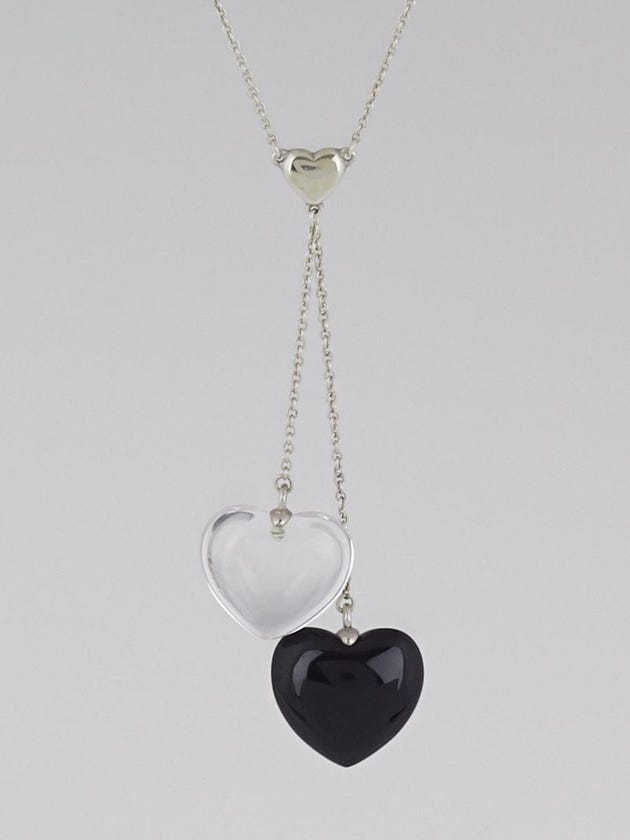 Tiffany & Co. Sterling Silver and Black Onyx and Crystal Double Heart Drop Necklace