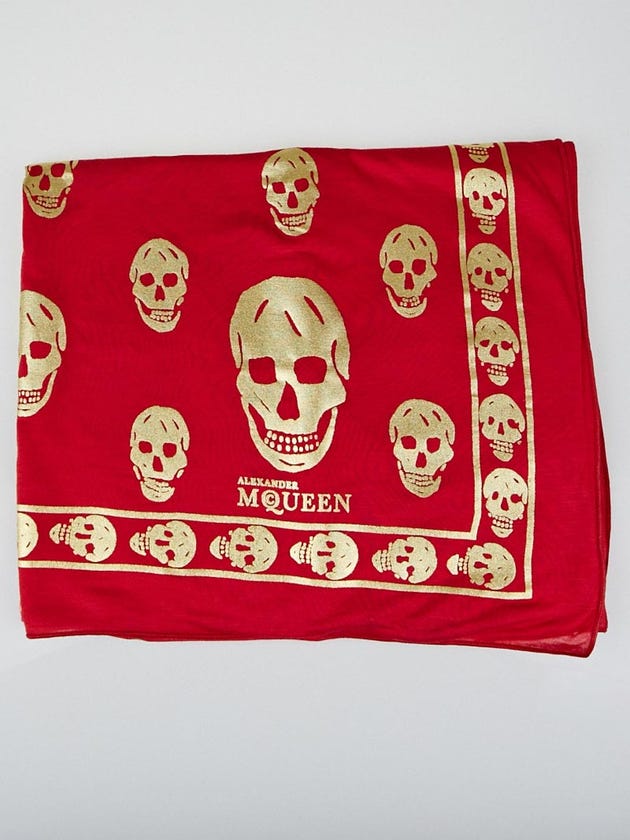 Alexander McQueen Red/Gold Metallic Modal Skull Scarf