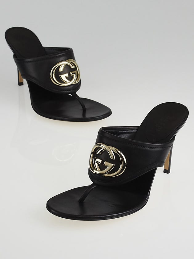 Gucci Black Leather Interlocking G Thong Heels Size 8.5B