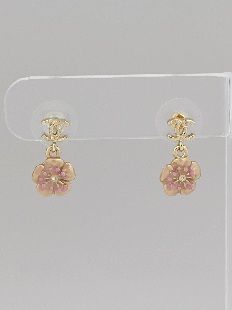 Chanel Goldtone and Pink CC Flower Drop Earrings