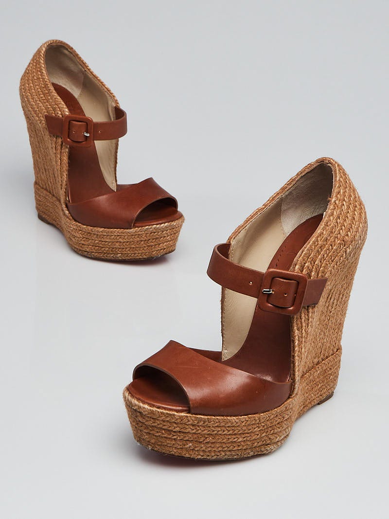 Christian Louboutin Brown Leather and Rope Praia 140 Espadrille Wedges Size 4.5/35