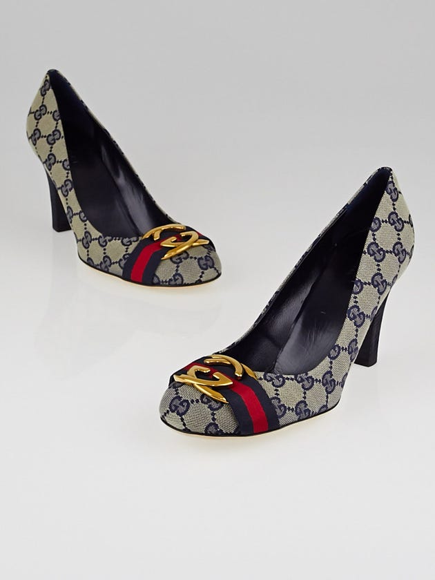 Gucci Navy Blue GG Canvas Vintage Web GG Pumps Size 8/38.5