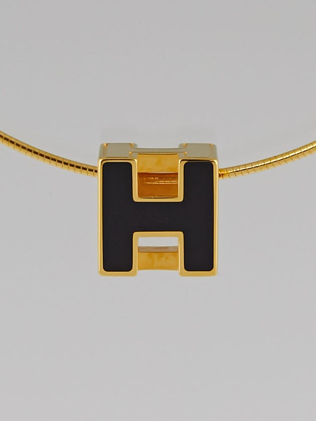 Hermes Gold Plated and Black Enamel Cage D'H Pendant Necklace
