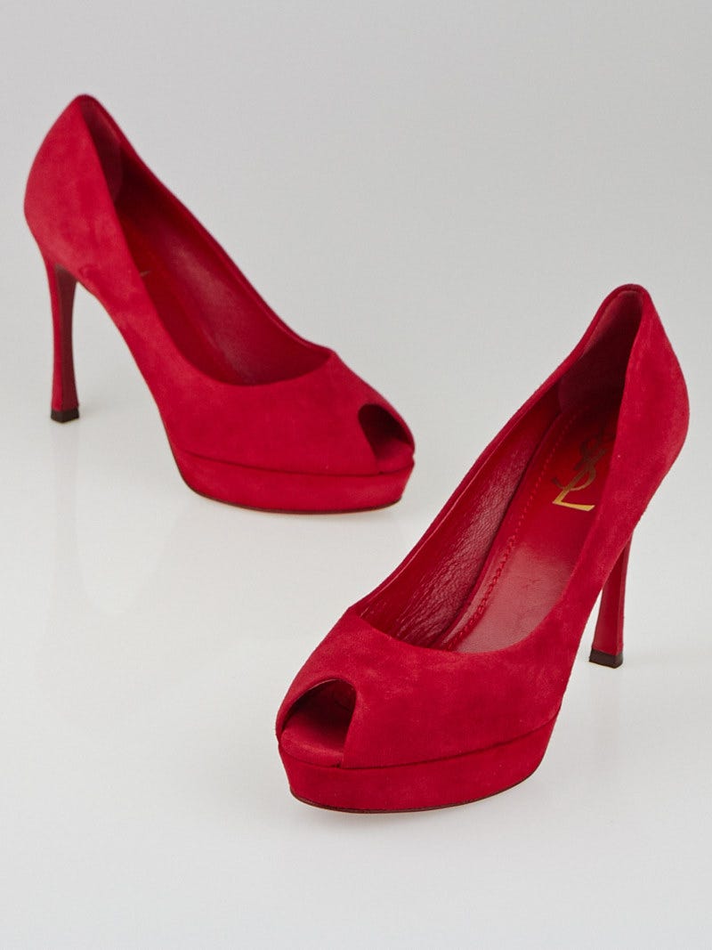Yves Saint Laurent Red Suede Palais 80 Peep Toe Pumps Size 7.5/38