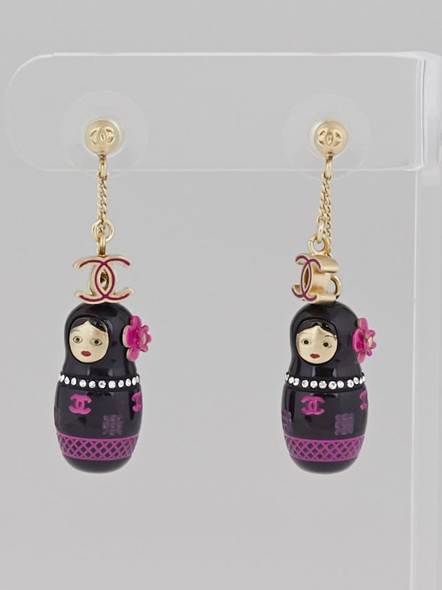 Chanel Black/Pink Resin Matryoshka Doll Drop Earrings