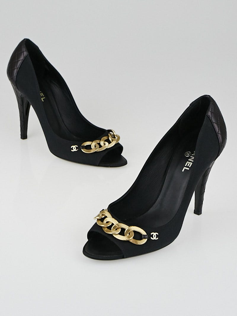 High Sandals CHANEL T395 chains and satin and black  VALOIS VINTAGE PARIS