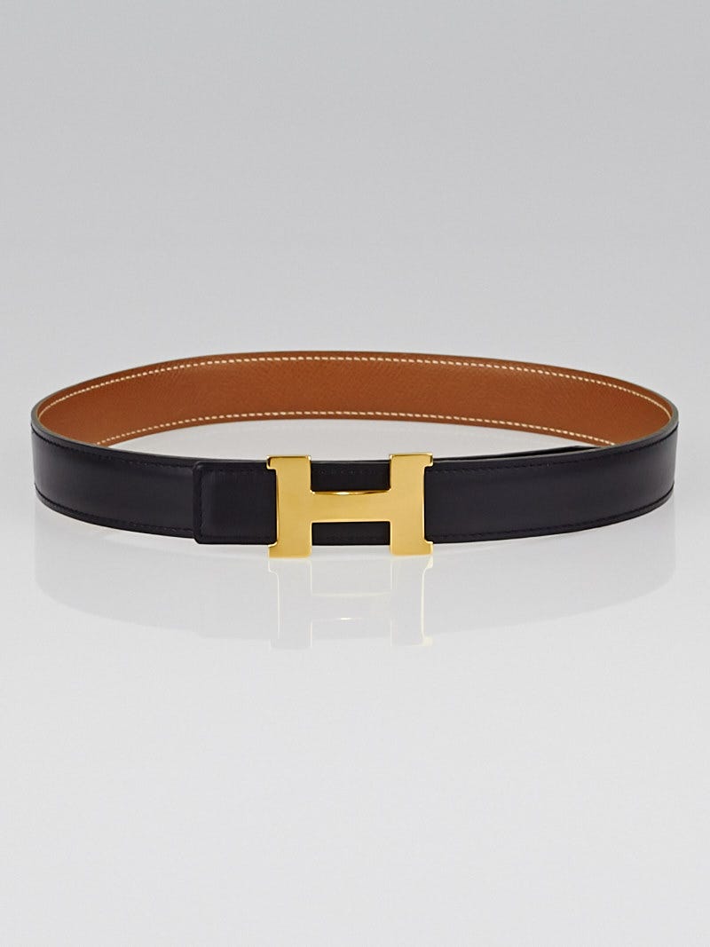 Hermes 24mm Black Box / Gold Courchevel Leather Gold Plated Constance H Belt Size 60