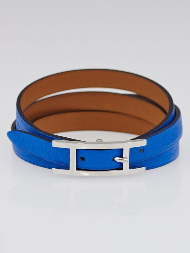 Hermes Blue Hydra Chamonix Leather Palladium Plated Hapi 3 MM Bracelet Size GM