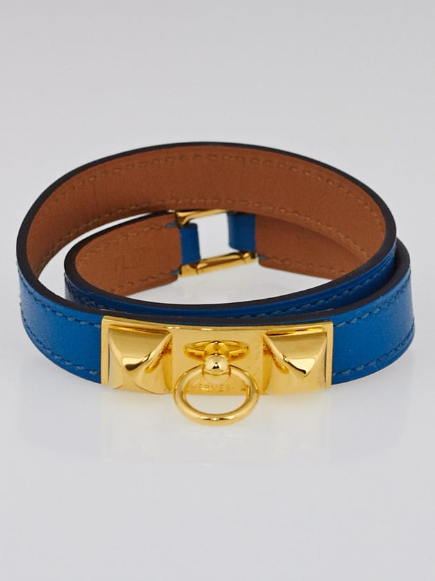 Hermes Blue Izmir Tadelakt Calfskin Leather Gold Plated Rivale Double Tour Bracelet Size M