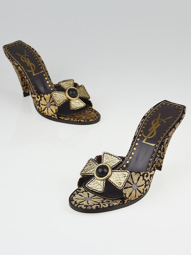 Yves Saint Laurent Oro/Chocolate Canvas Casablanca 85 Slide Sandals Size 5.5/36