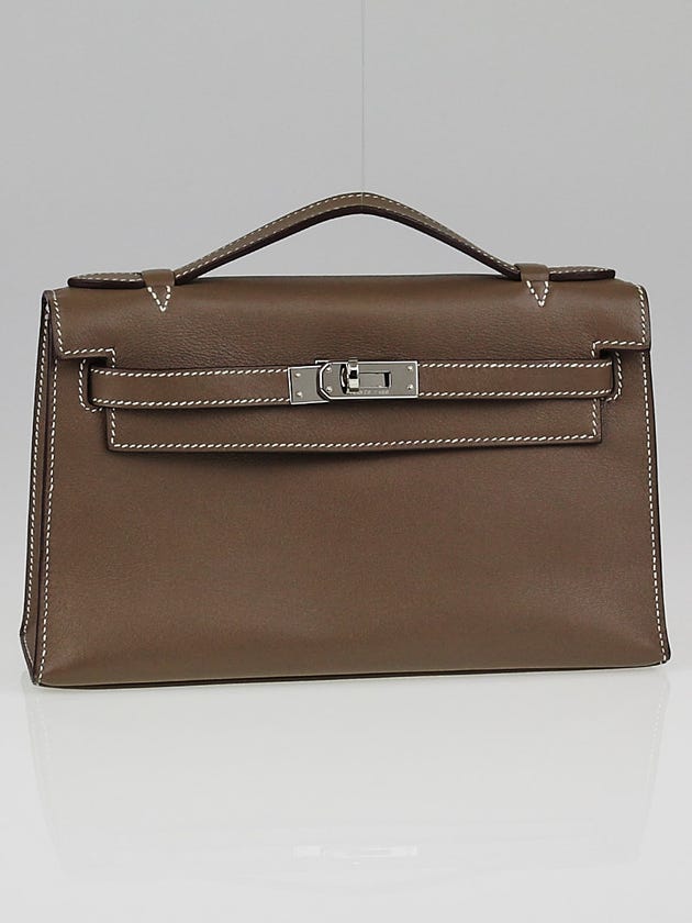 Hermes Etoupe Swift Leather Palladium Plated Kelly Pochette Bag