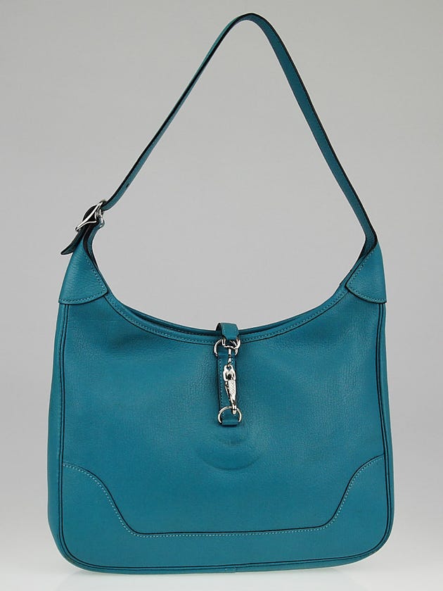 Hermes 31cm Turquoise Chevre Mysore Leather Trim II Bag