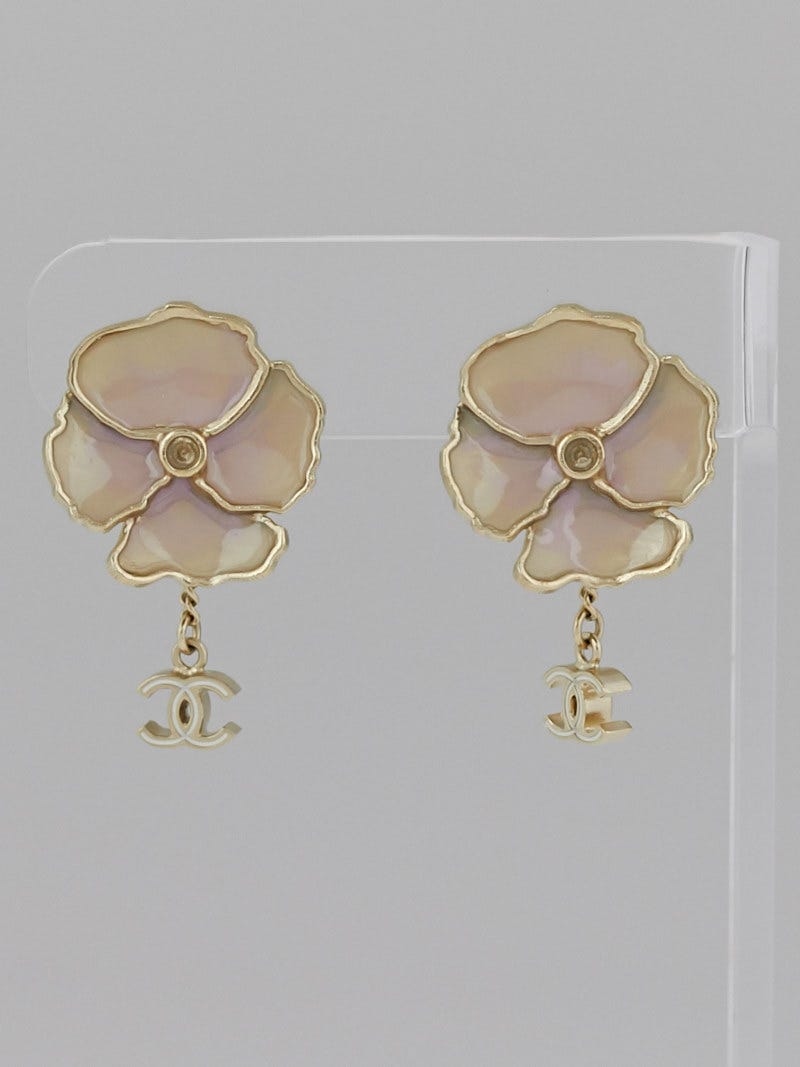 Chanel Pink/Gold Enamel Camellia Flower CC Drop Clip-On Earrings - Yoogi's  Closet