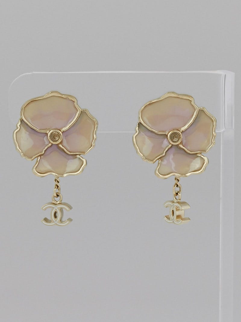 Chanel Pink/Gold Enamel Camellia Flower CC Drop Clip-On Earrings