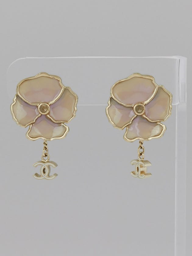 Chanel Pink/Gold Enamel Camellia Flower CC Drop Clip-On Earrings