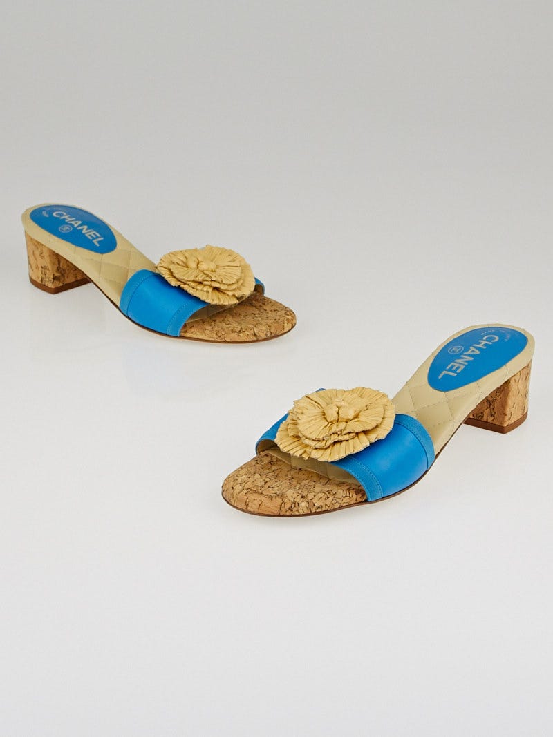 Chanel Turquoise Leather Flower Slide Mules Size 6.5/37