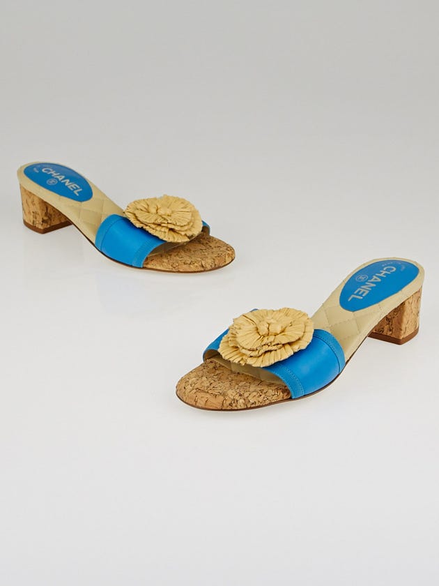 Chanel Turquoise Leather Flower Slide Mules Size 6.5/37