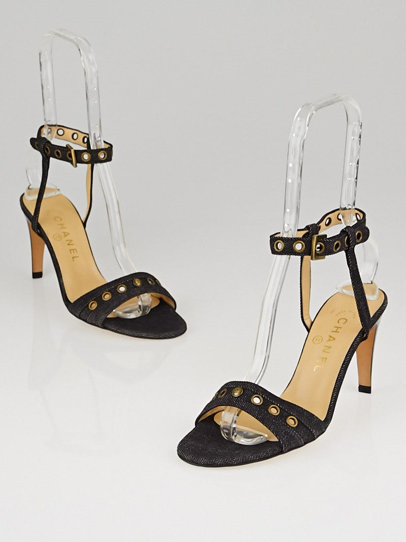 Chanel Black Denim Strappy Sandal Heels Size 6.5/37