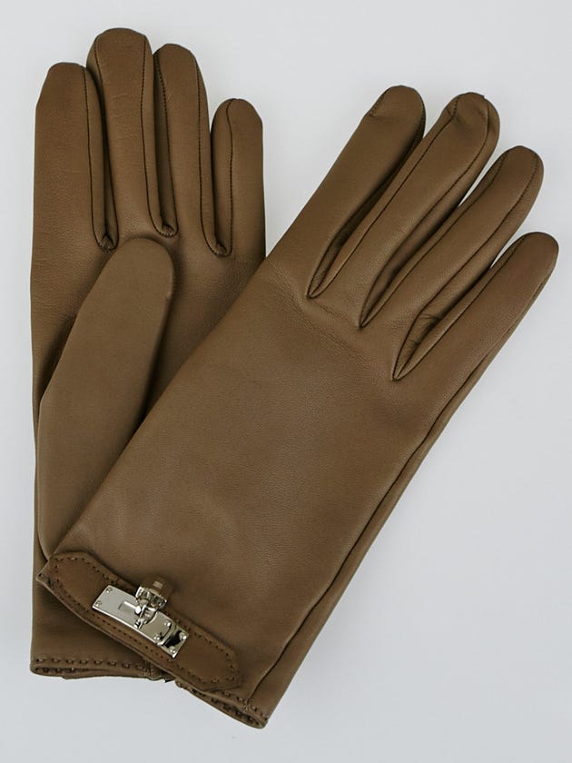 Hermes Etoupe Lambskin Leather Soya Gloves Size 7