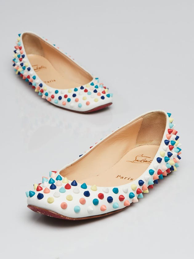 Christian Louboutin White Leather Multicolor Gozul Spikes Flats Size 4.5/35