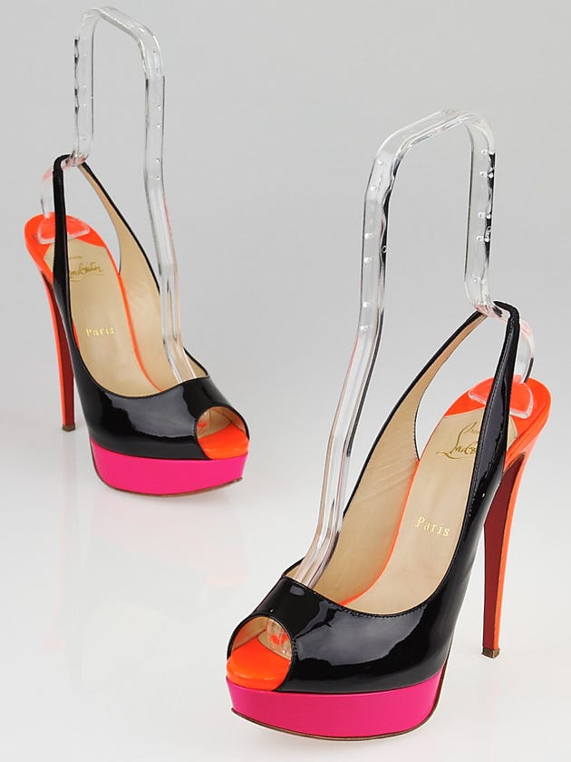 Christian Louboutin Black/Rose Matador Patent Leather Lady Peep Sling 150 Pumps Size 9/39.5
