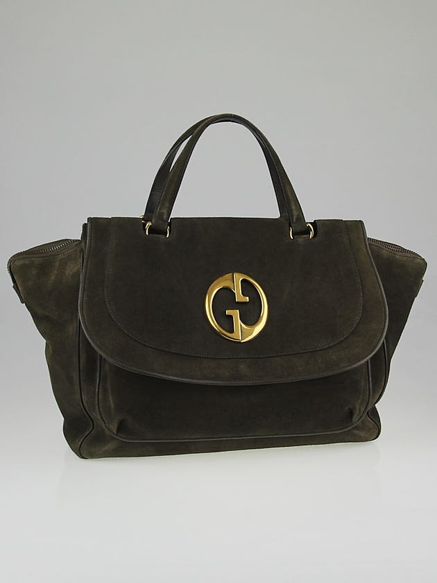 Gucci Olive Green Suede 1973 Top Handle Tote Bag