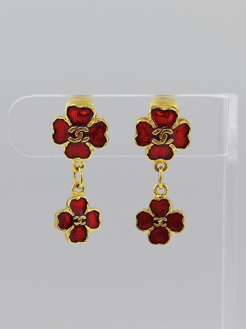 Chanel Red Gripoix and Metal Camellia Flower Drop Earrings