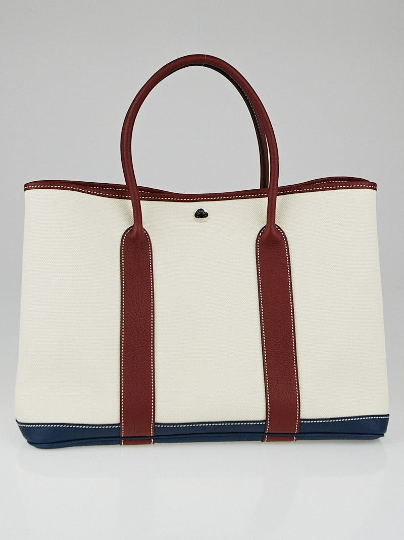 Hermes Natural Toile and Rouge/Prussian Blue Negonda Leather Garden Party MM Bag