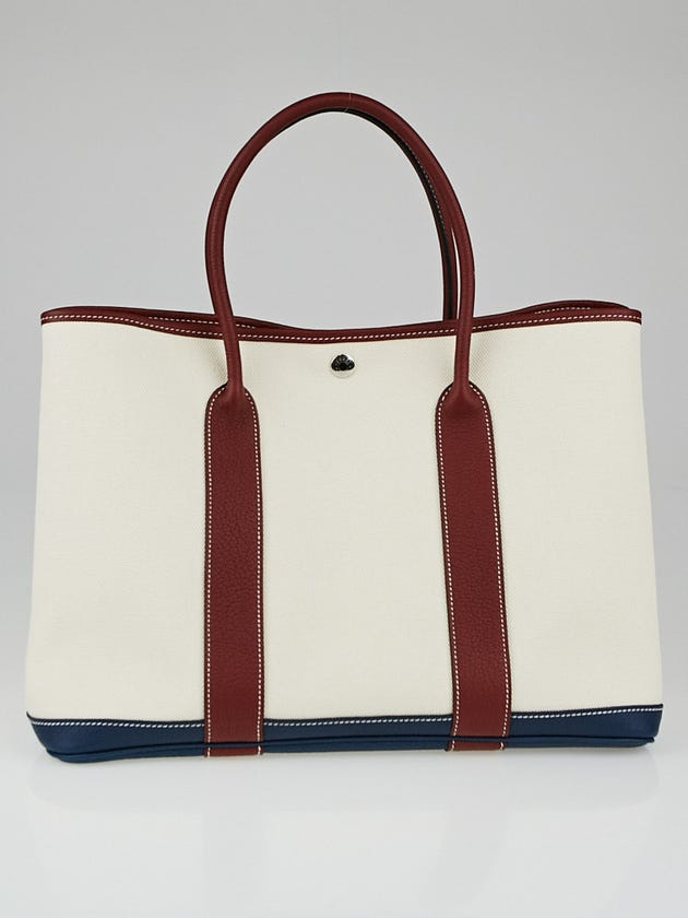 Hermes Natural Toile and Rouge/Prussian Blue Negonda Leather Garden Party MM Bag