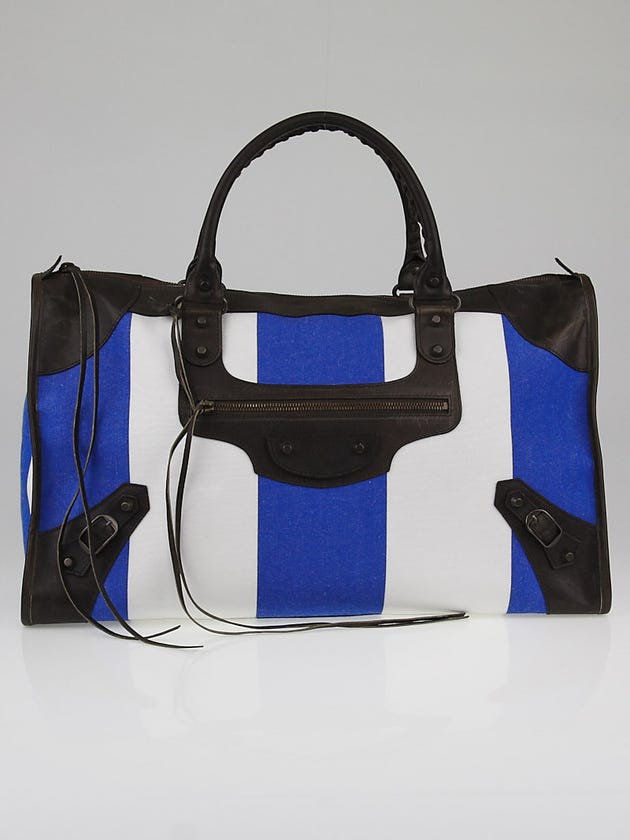 Balenciaga Blue/White Striped Toile and Brown Calfskin Raye Work Bag