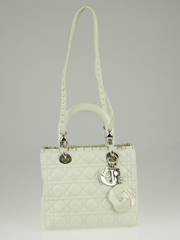 Christian Dior Ivory Cannage Quilted Lambskin Leather Ruffle Trim Medium Lady Dior Bag