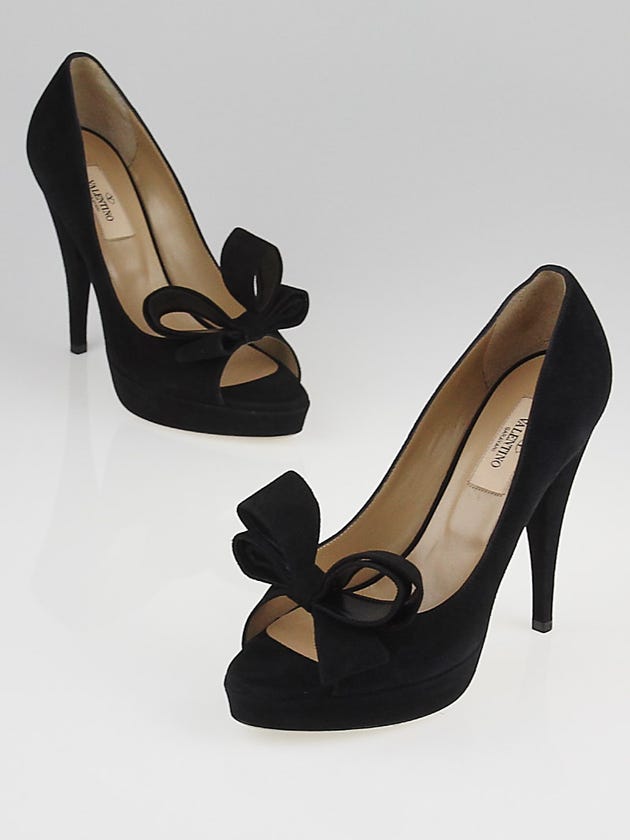 Valentino Black Suede Couture Bow Peep Toe Pumps Size 6.5/37