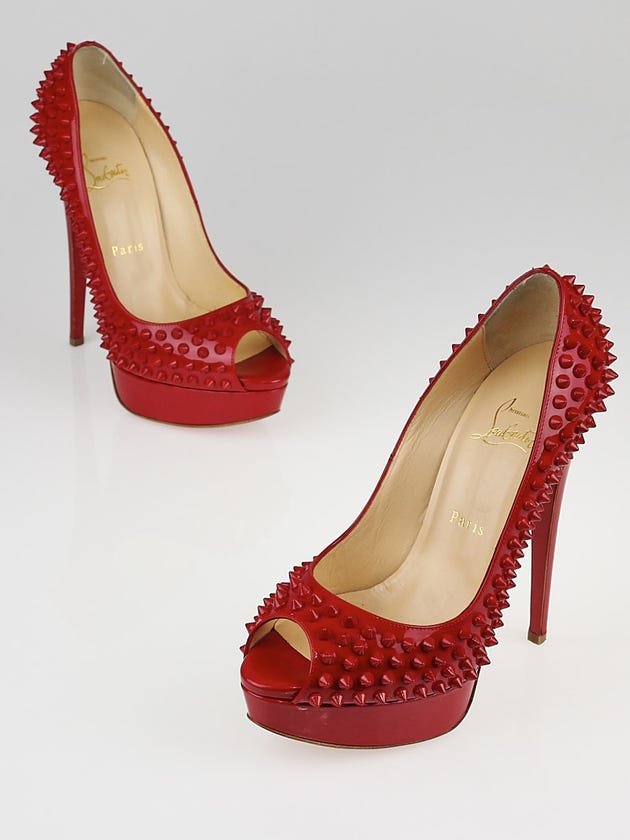 Christian Louboutin Red Patent Leather Lady Peep Spikes 150 Pumps Size 7.5/38
